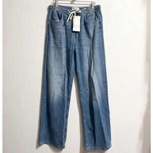 NWT Zara Denim Jeans Sz 4 Medium Wash Drawstring Wide Leg Pants Faded